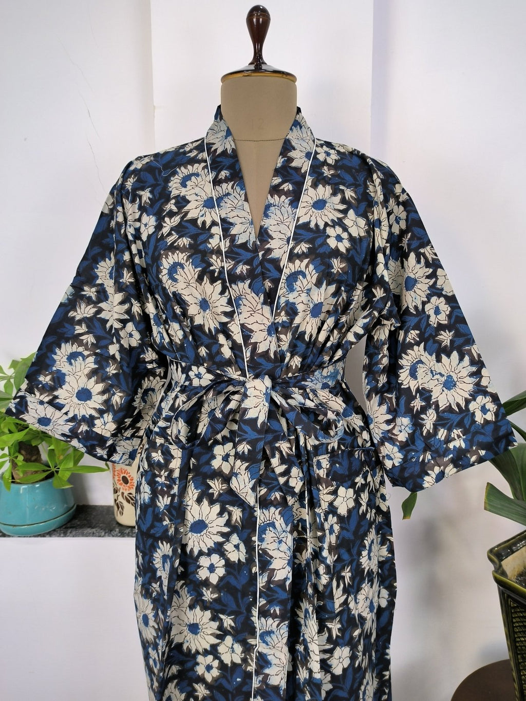 block-printed Cotton Kimono Robe in ivory white yellow floral