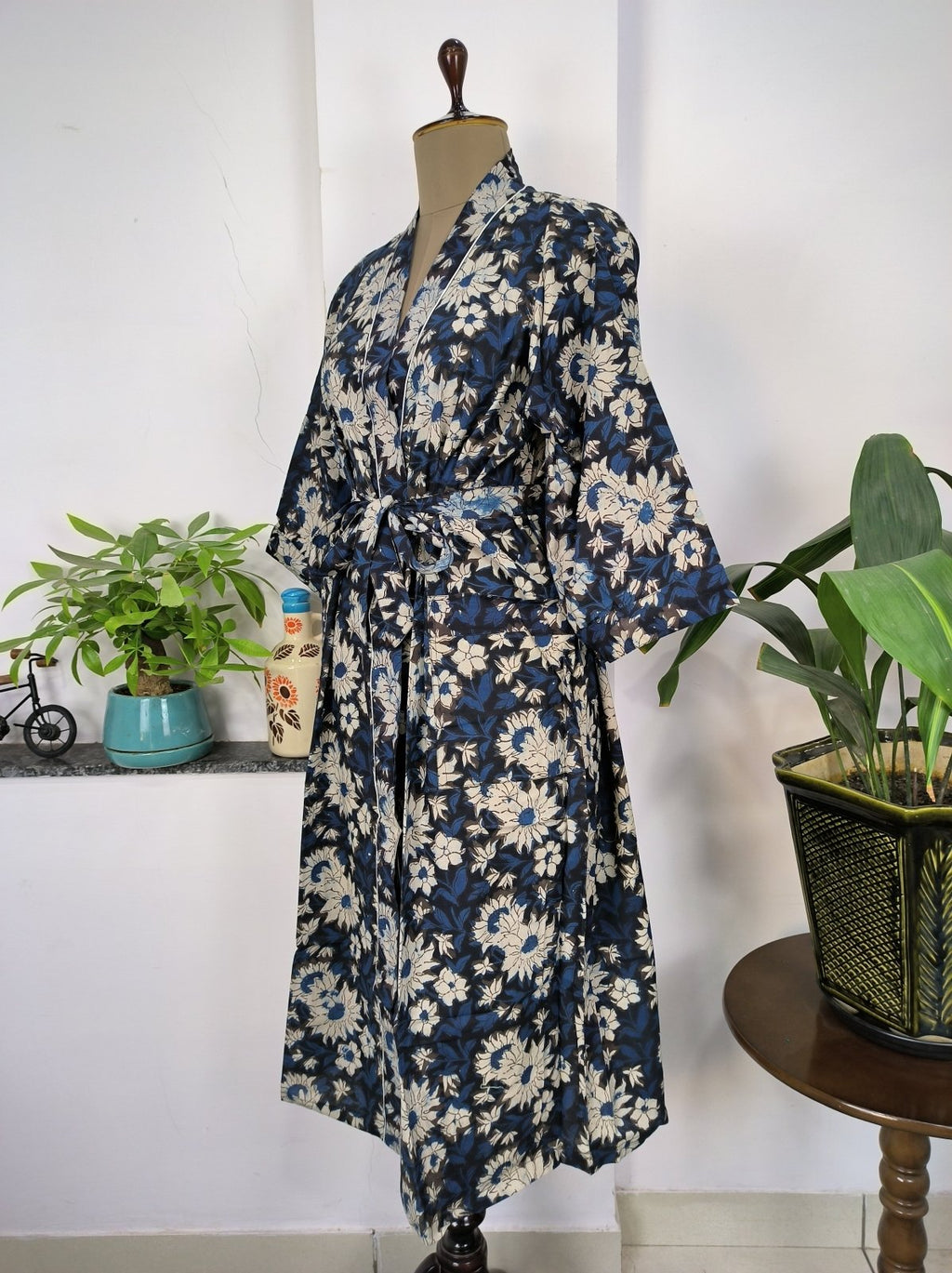block-printed Cotton Kimono Robe in ivory white yellow floral