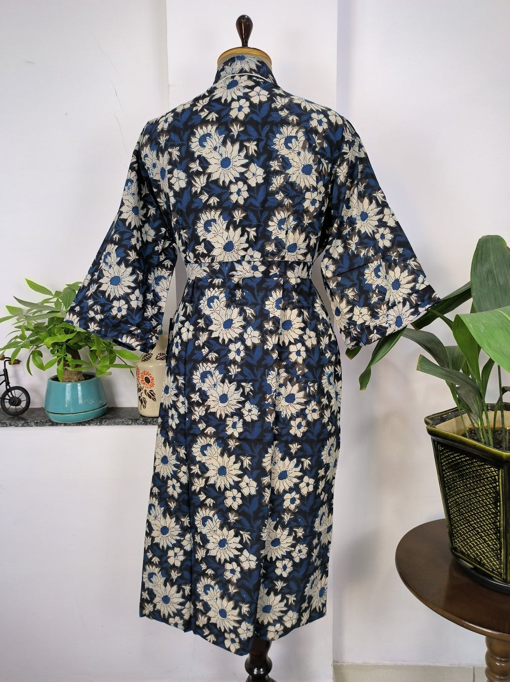 block-printed Cotton Kimono Robe in ivory white yellow floral