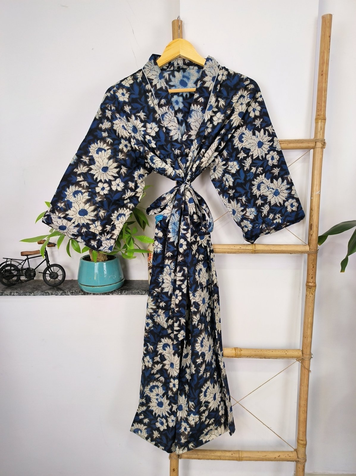block-printed Cotton Kimono Robe in ivory white yellow floral