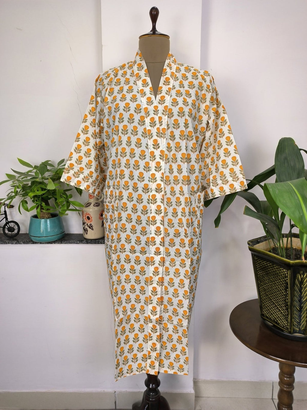 block-printed Cotton Kimono Robe in ivory white yellow floral