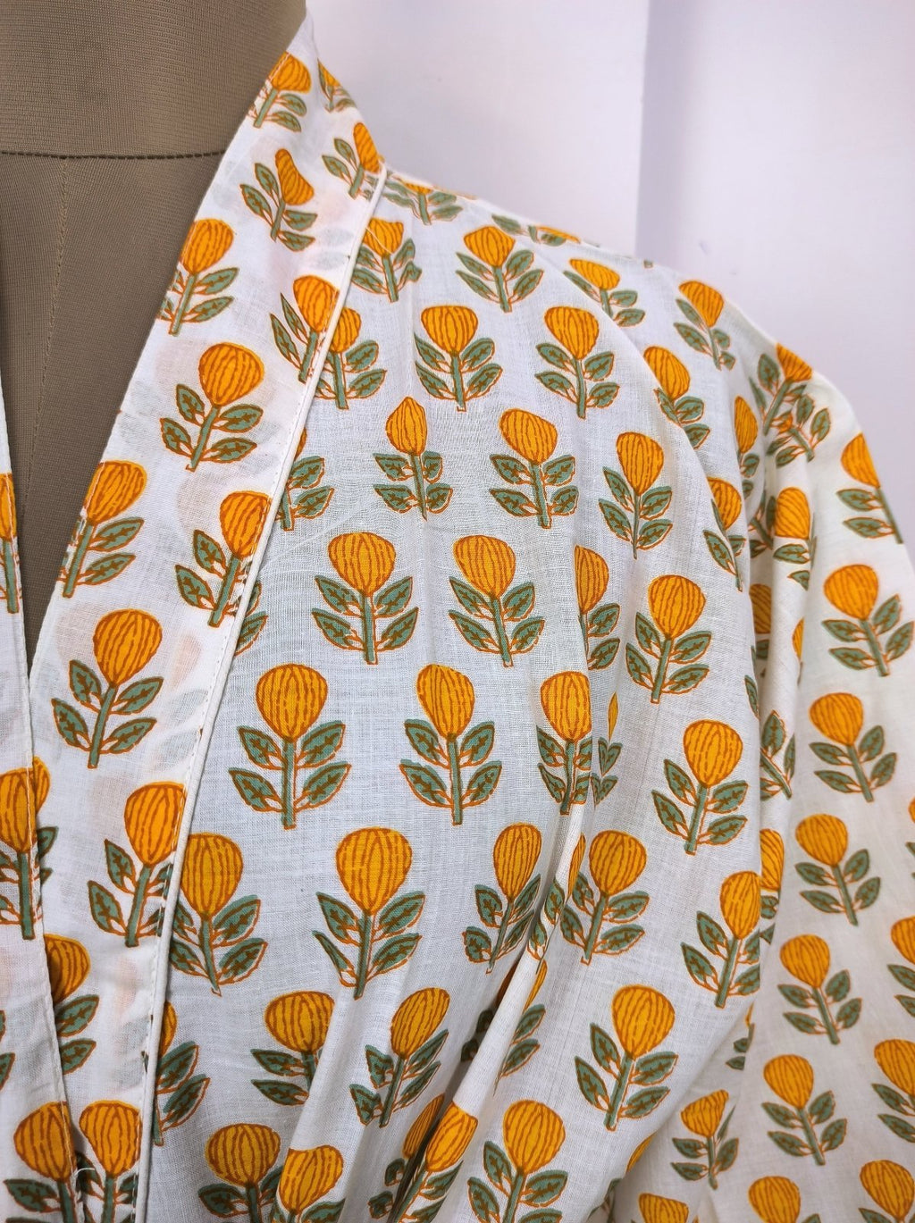 block-printed Cotton Kimono Robe in ivory white yellow floral