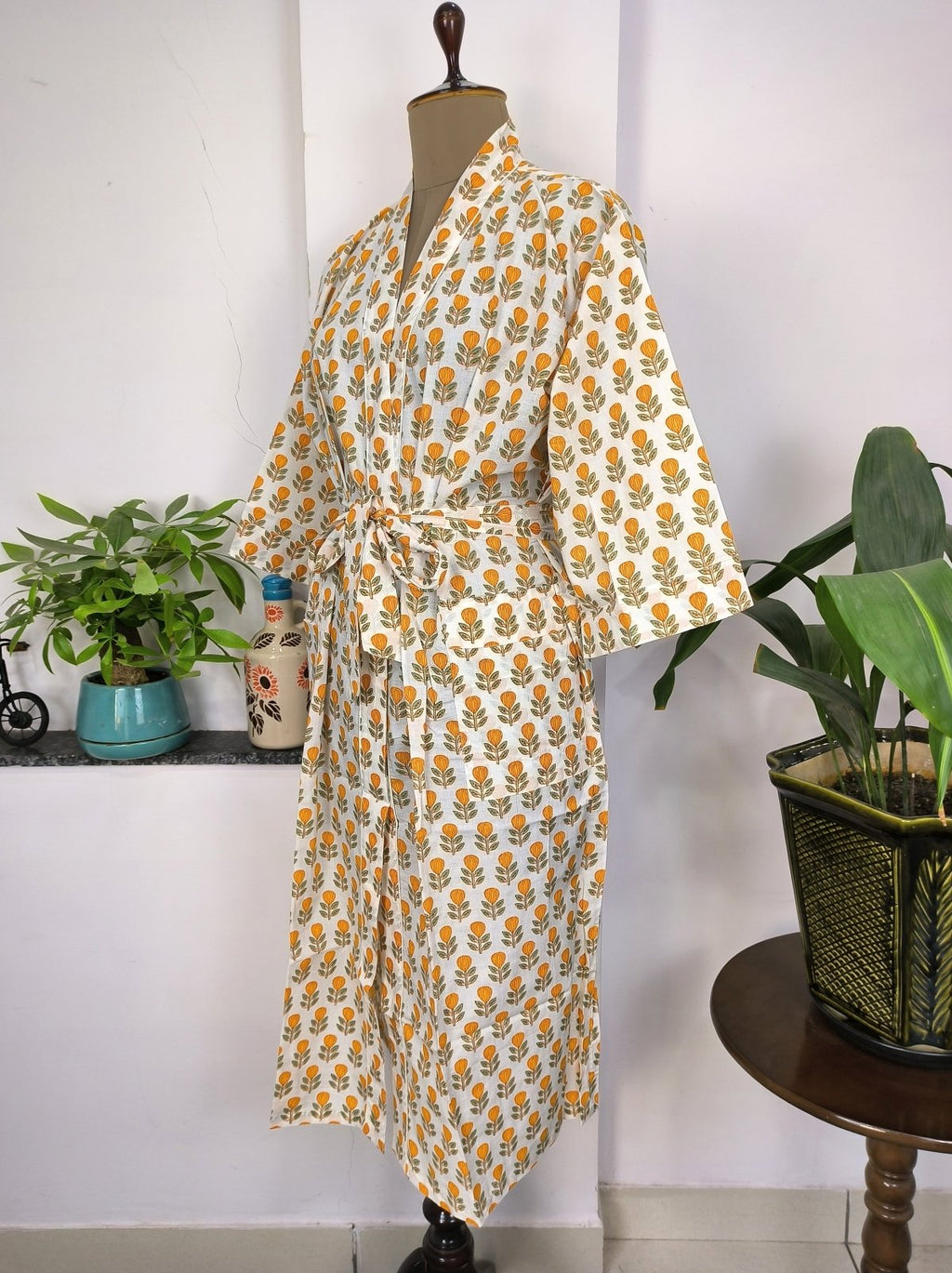 block-printed Cotton Kimono Robe in ivory white yellow floral