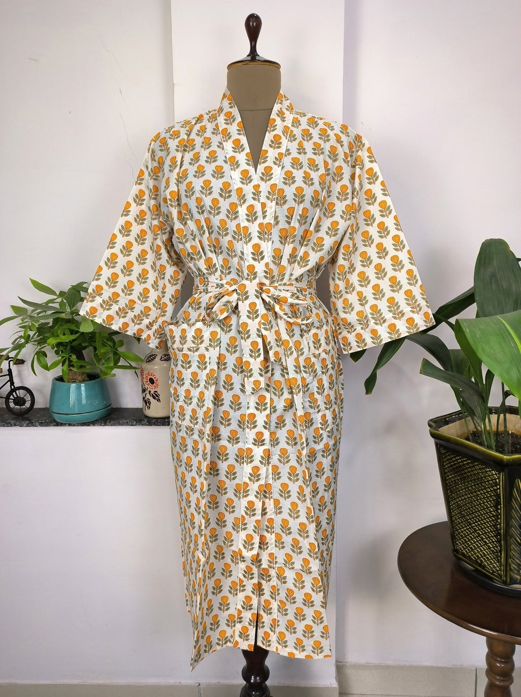 block-printed Cotton Kimono Robe in ivory white yellow floral