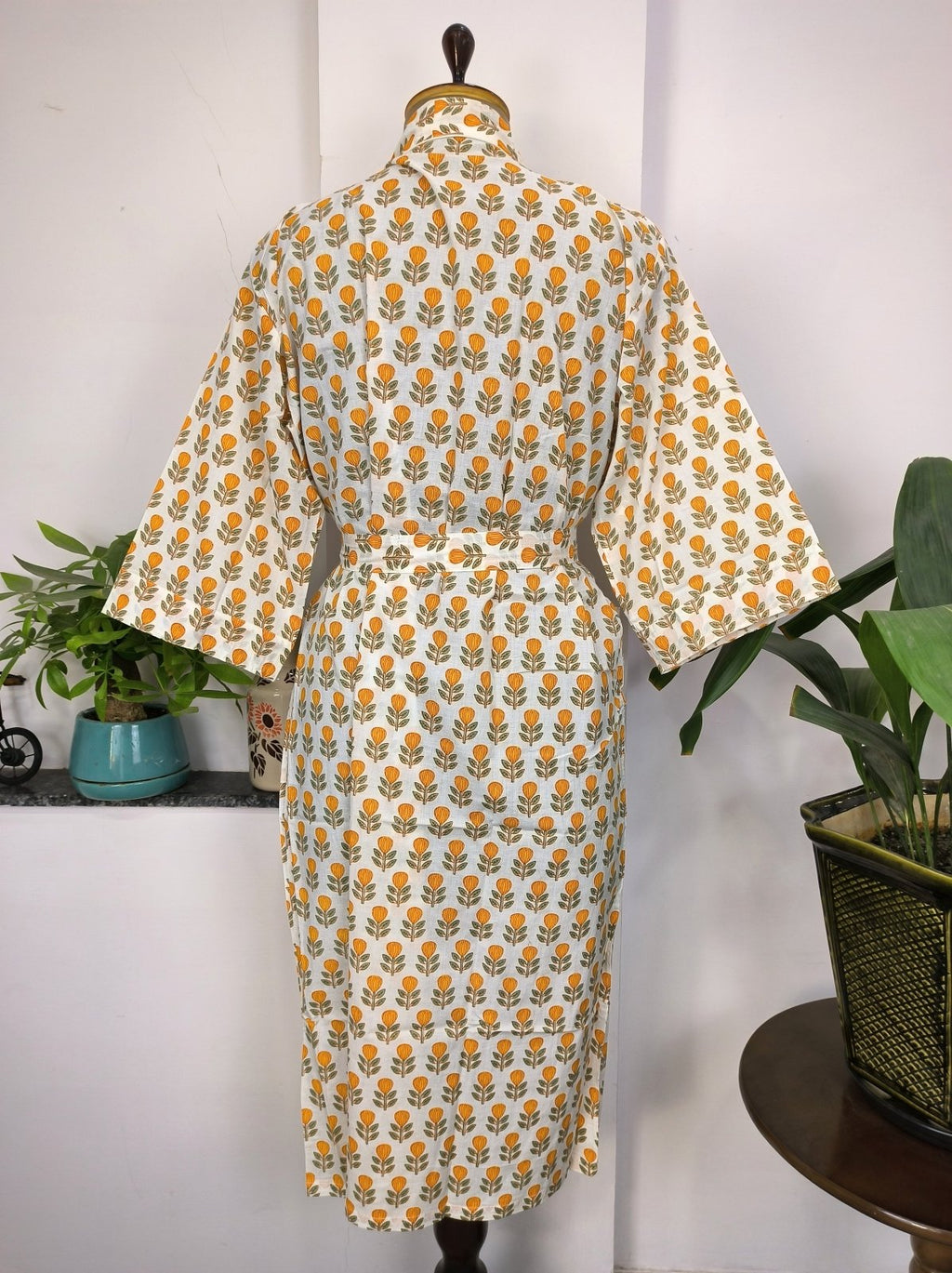 block-printed Cotton Kimono Robe in ivory white yellow floral