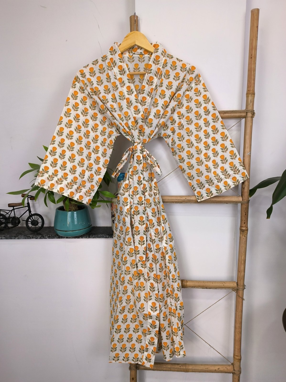 block-printed Cotton Kimono Robe in ivory white yellow floral