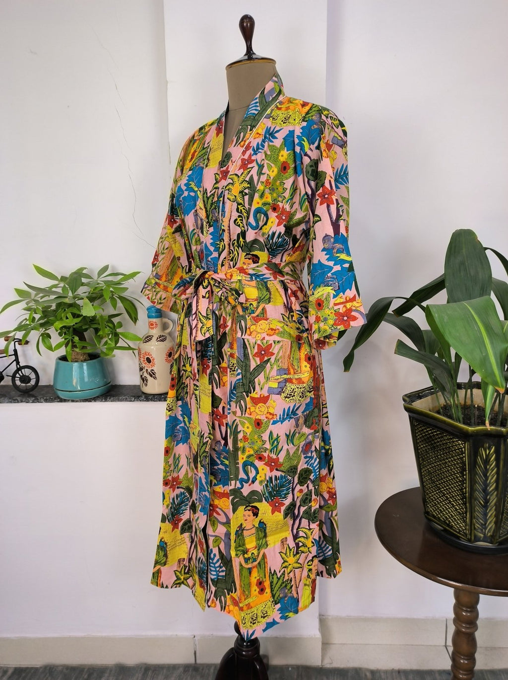block-printed Cotton Kimono Robe in peach floral