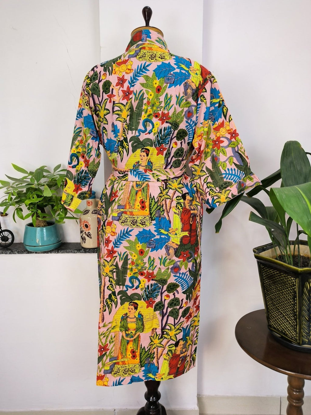 block-printed Cotton Kimono Robe in peach floral