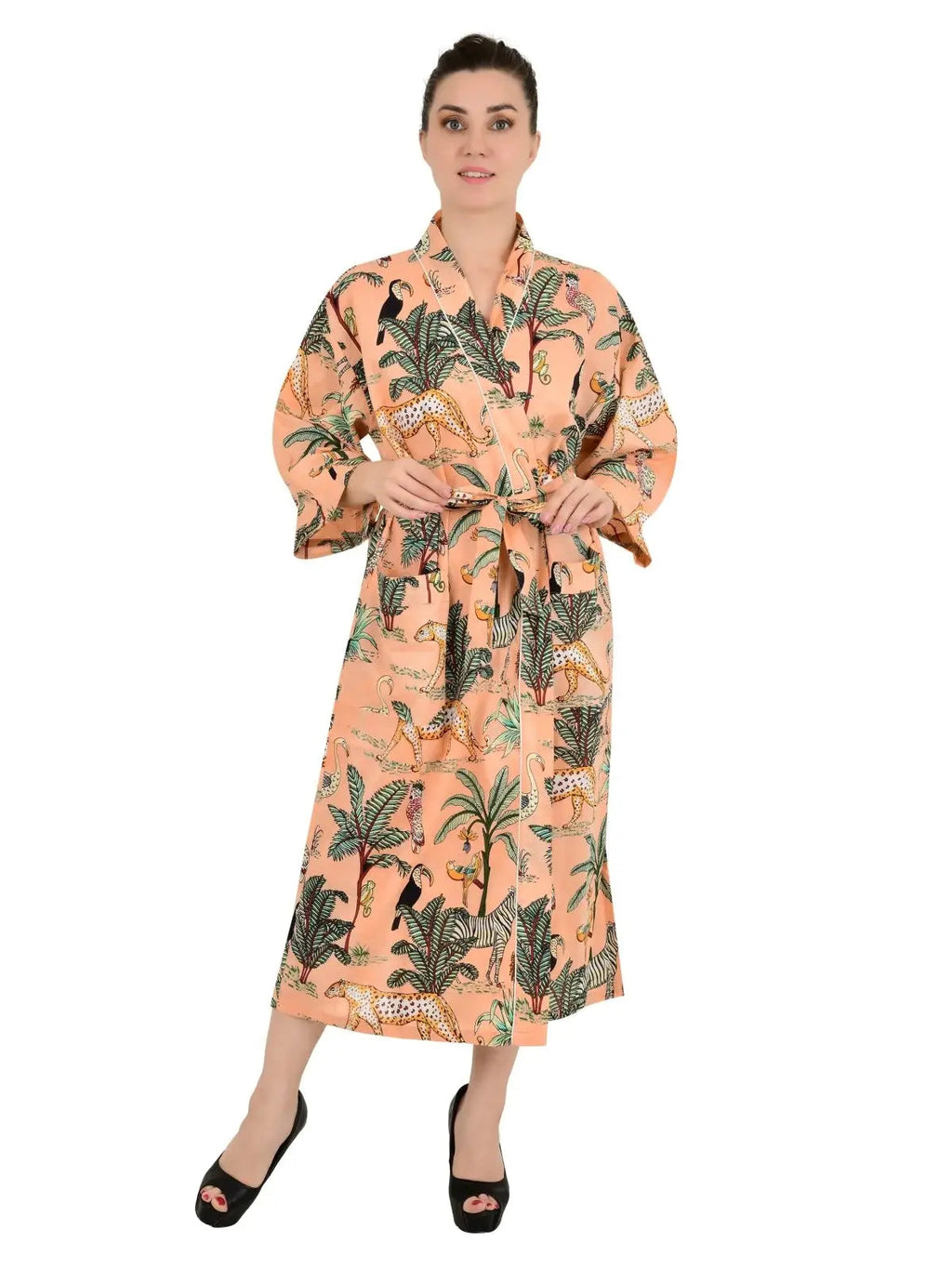block-printed Cotton Kimono Robe in peach cheetah