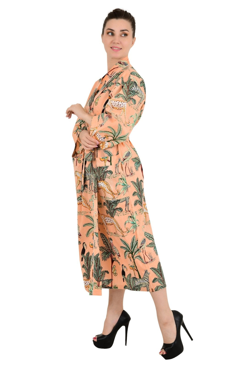 block-printed Cotton Kimono Robe in peach cheetah