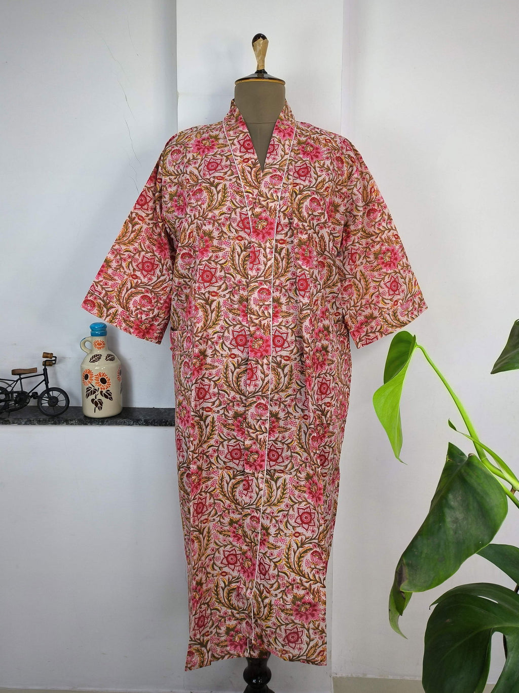 block-printed Cotton Kimono Robe in peach red floral