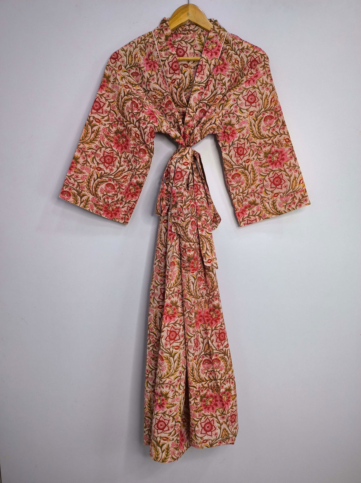 block-printed Cotton Kimono Robe in peach red floral
