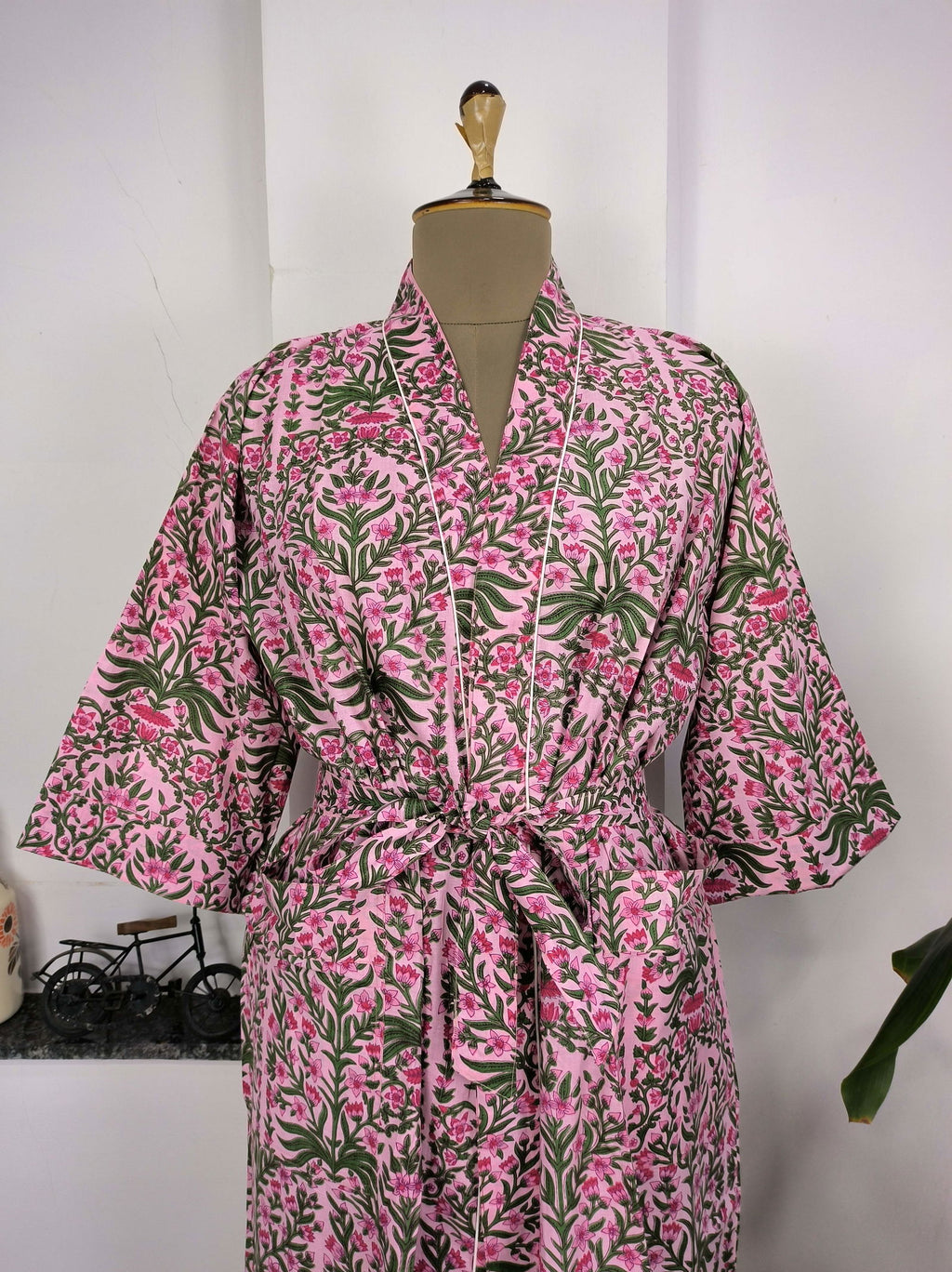 block-printed Cotton Kimono Robe in pink green leaf