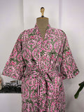 block-printed Cotton Kimono Robe in pink green leaf