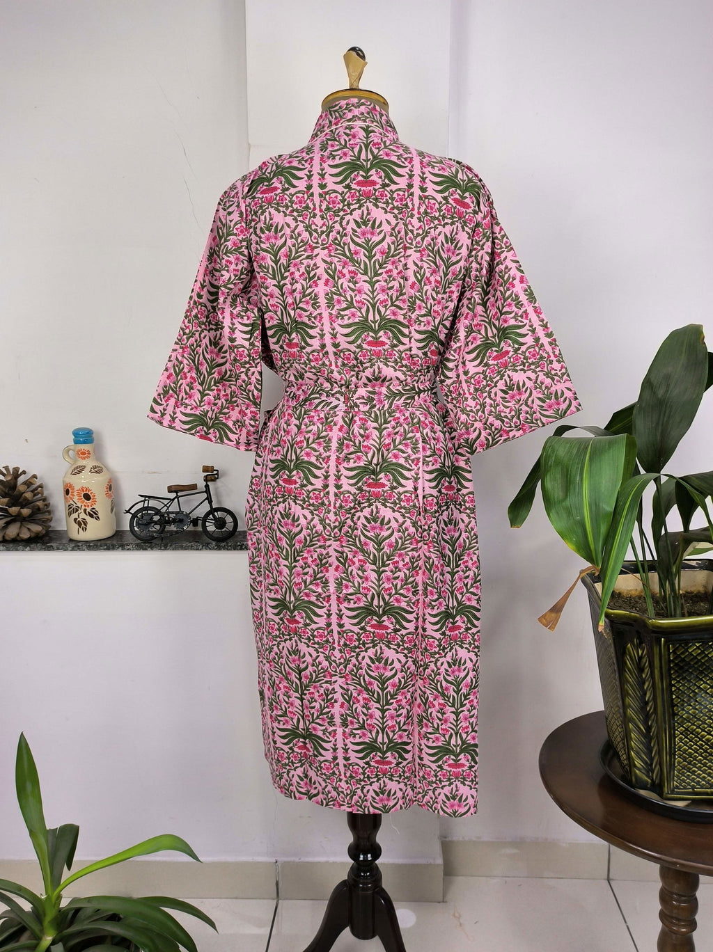 block-printed Cotton Kimono Robe in pink green leaf