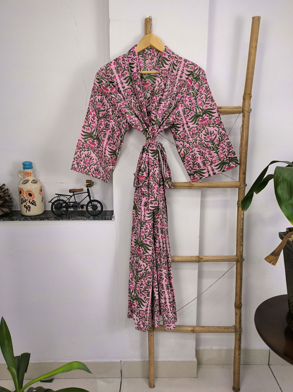 block-printed Cotton Kimono Robe in pink green leaf