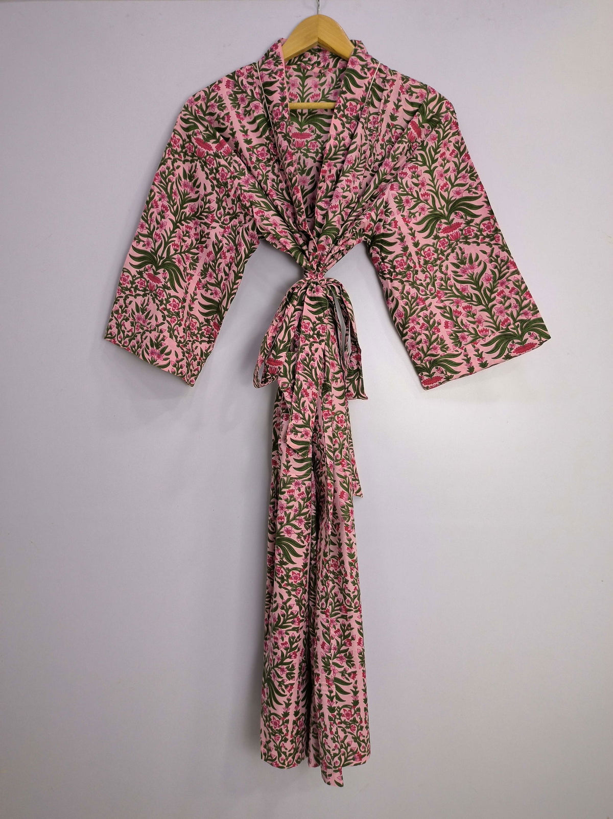 block-printed Cotton Kimono Robe in pink green leaf