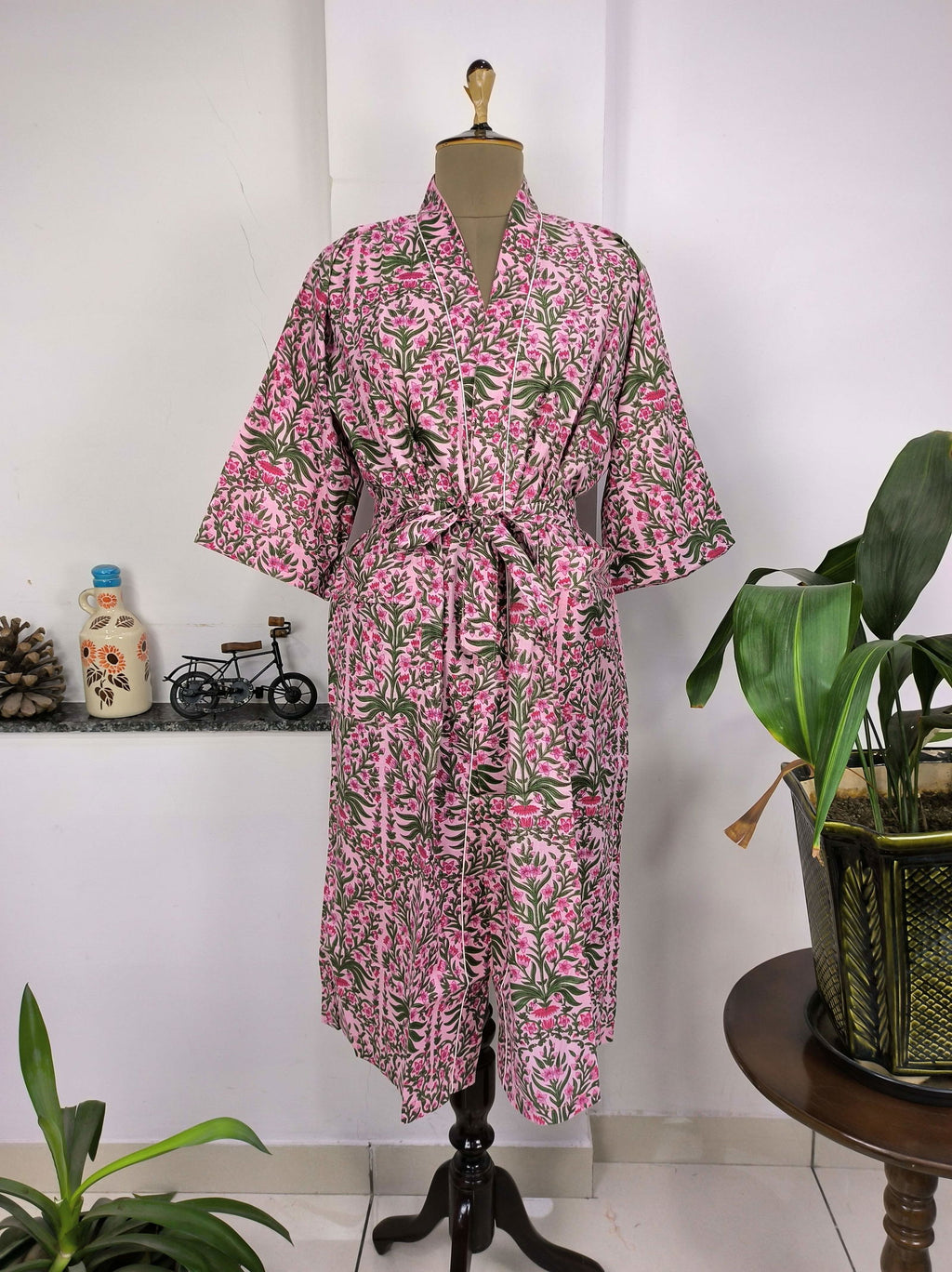 block-printed Cotton Kimono Robe in pink green leaf