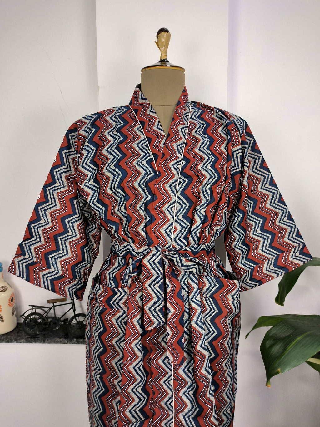 block-printed Cotton Kimono Robe in red blue geometric