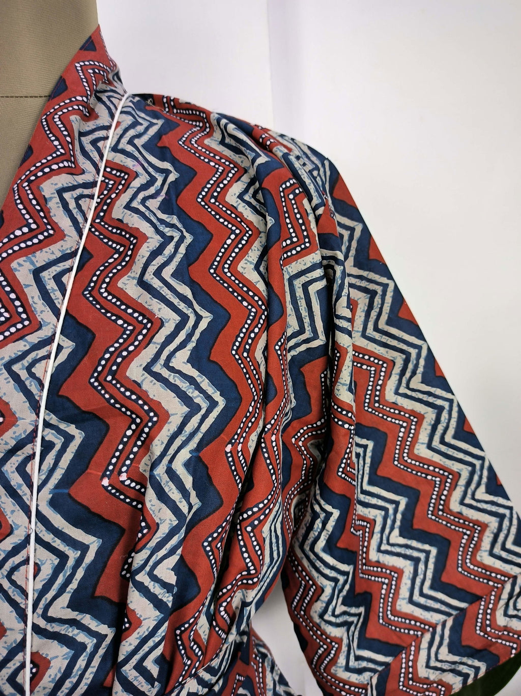 block-printed Cotton Kimono Robe in red blue geometric