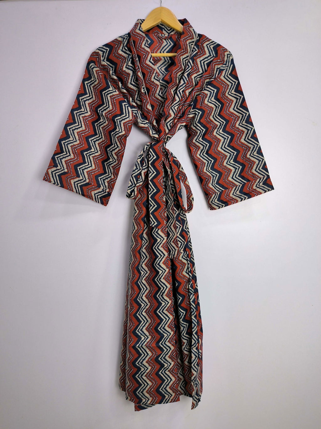 block-printed Cotton Kimono Robe in red blue geometric