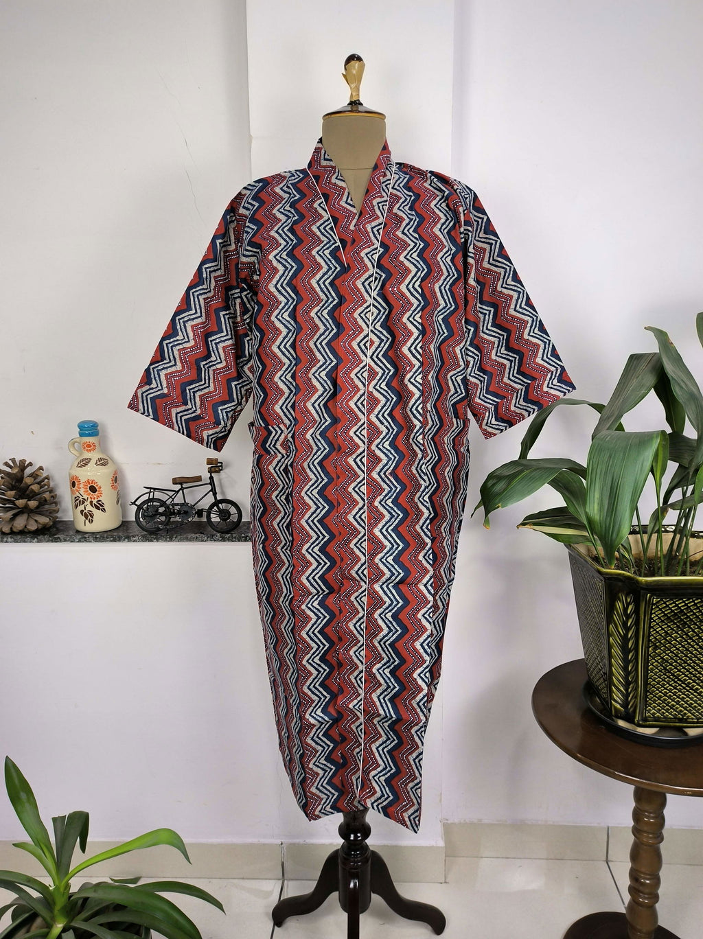 block-printed Cotton Kimono Robe in red blue geometric