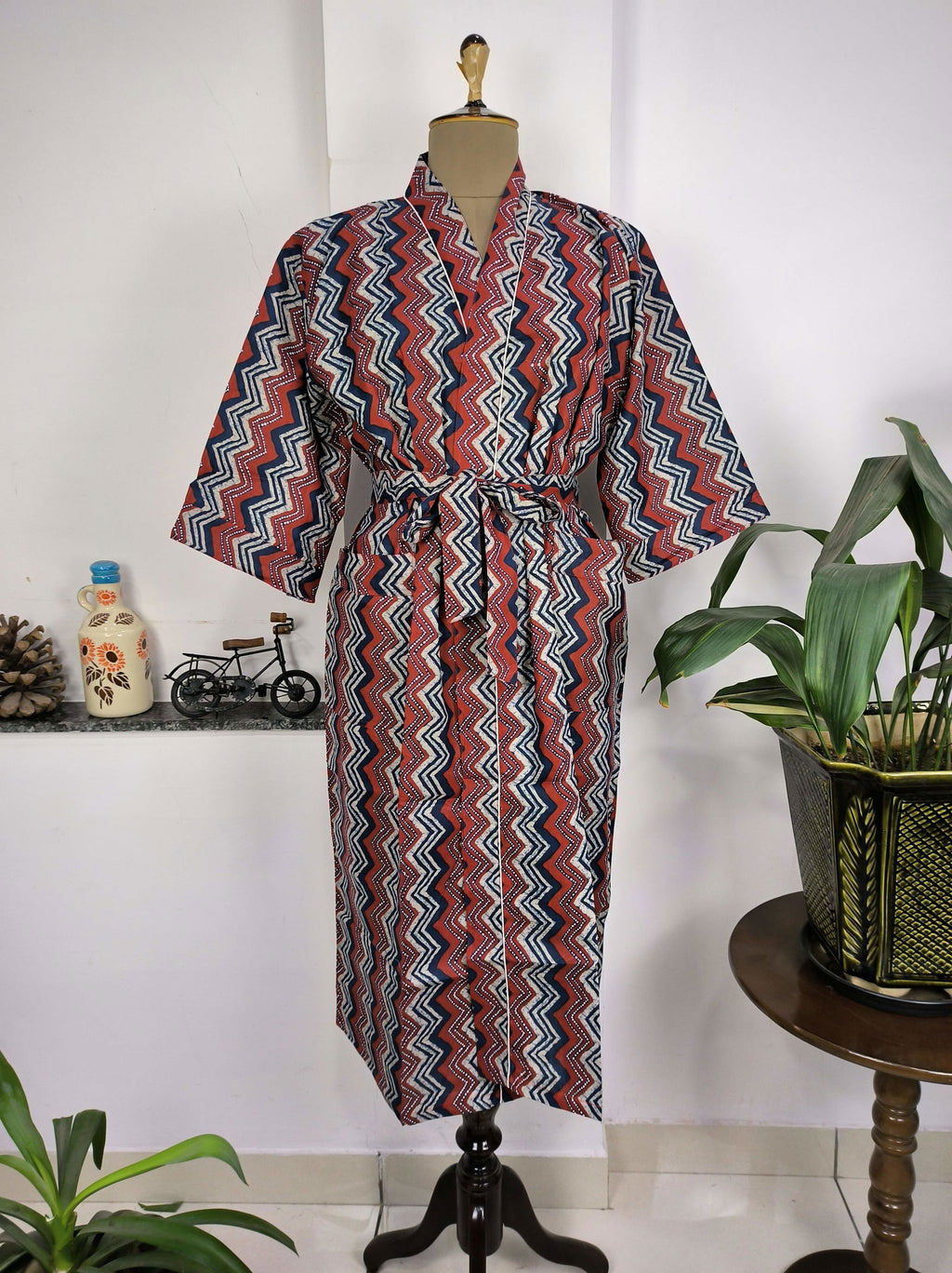 block-printed Cotton Kimono Robe in red blue geometric
