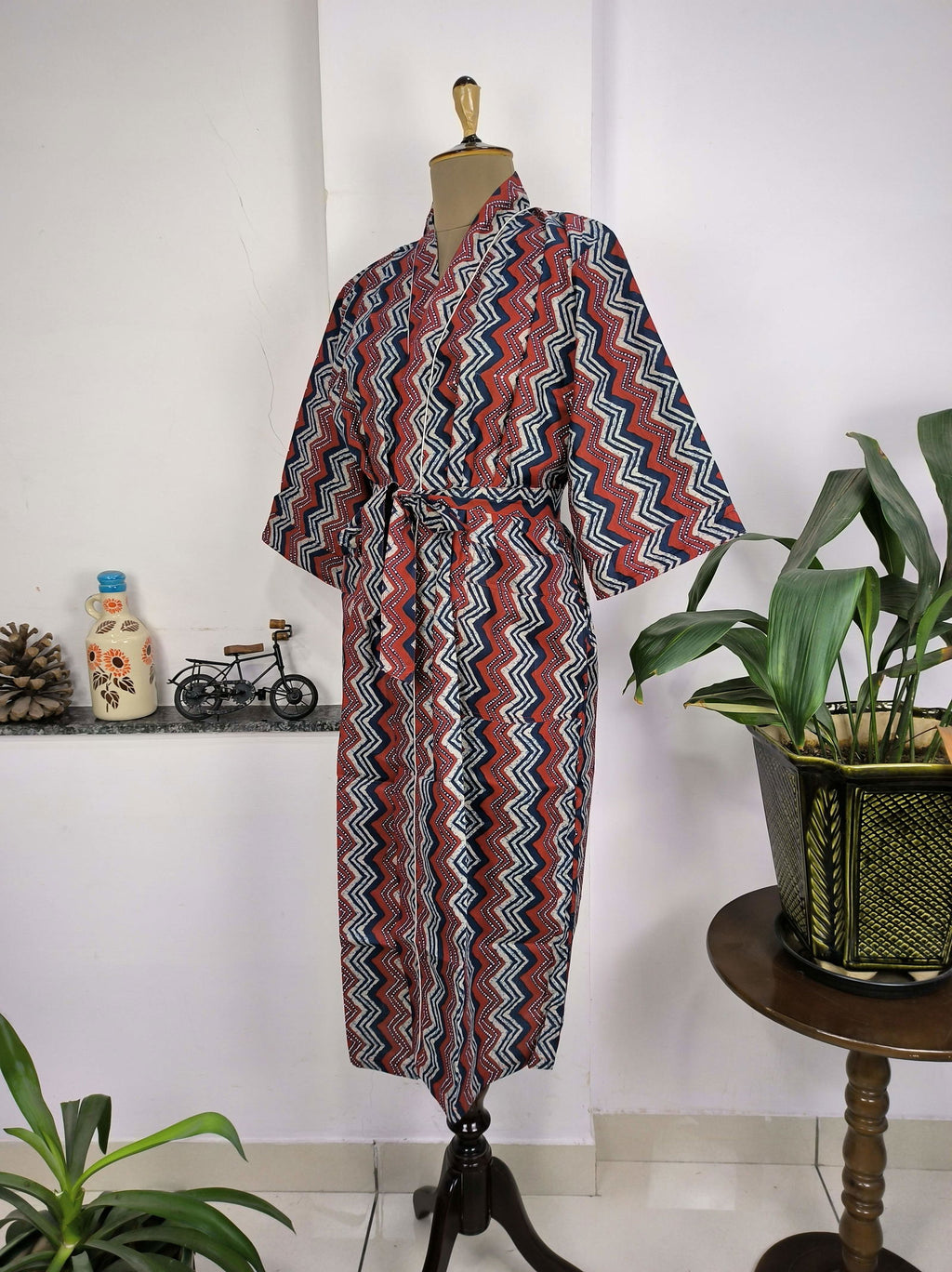 block-printed Cotton Kimono Robe in red blue geometric