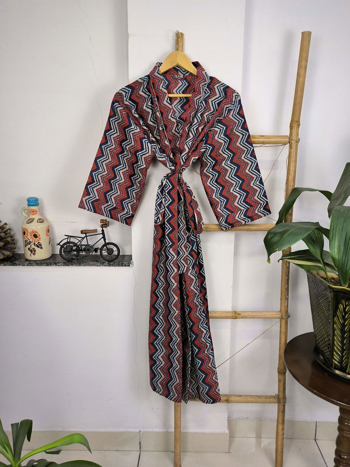 block-printed Cotton Kimono Robe in red blue geometric