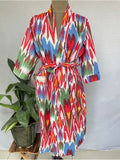 Women's block-printed Cotton Kimono Robe in red blue green heart