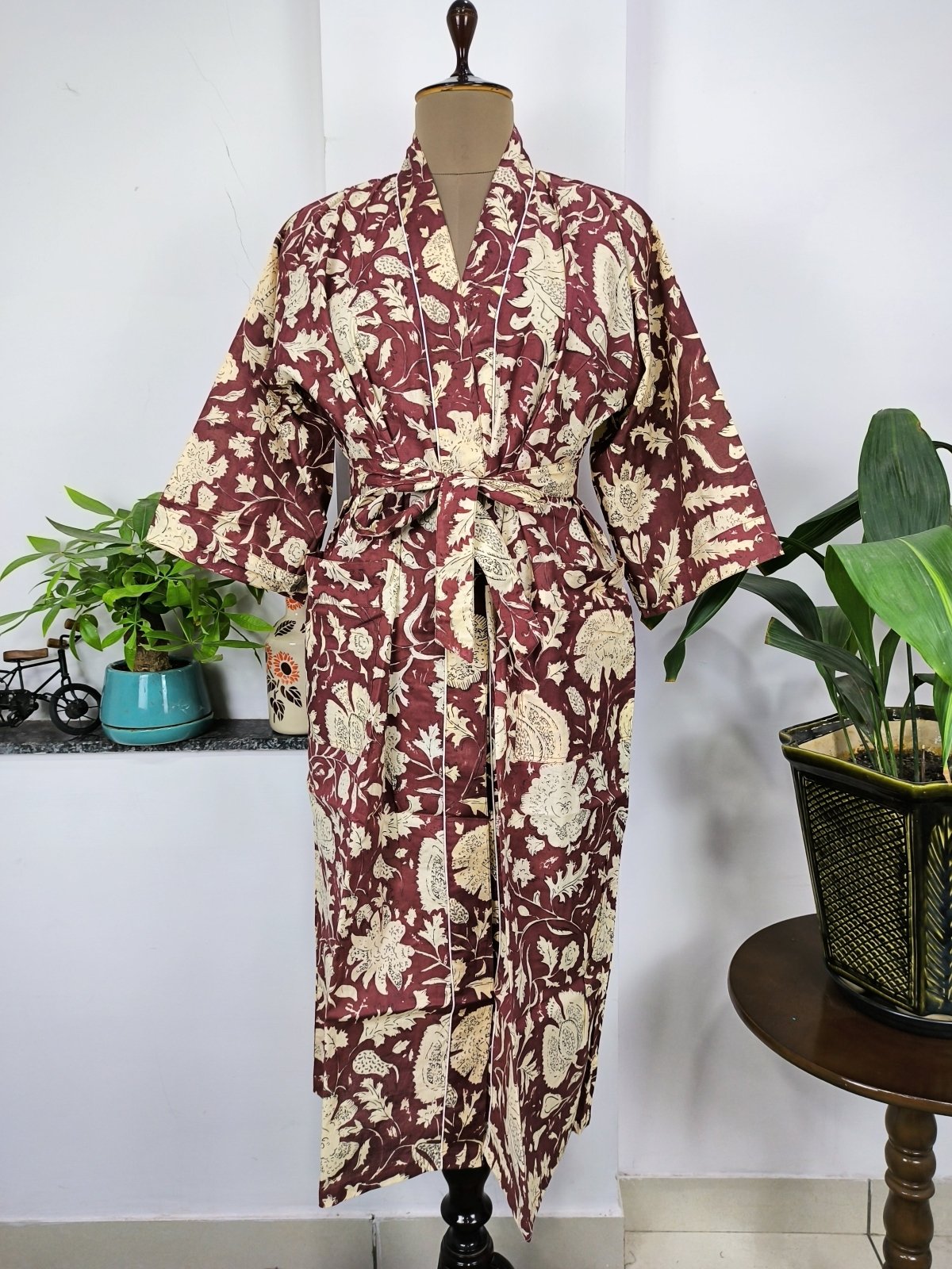 The Eastern Loom Pure Cotton Kimono Indian Handprinted Boho House Robe Summer Dress Rusty Red Garden Floral Rose Luxury Cover Up Maternity Mom Bridal