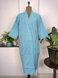 block-printed Cotton Kimono Robe in white blue geometric