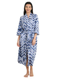 block-printed Cotton Kimono Robe in white blue tie-dye
