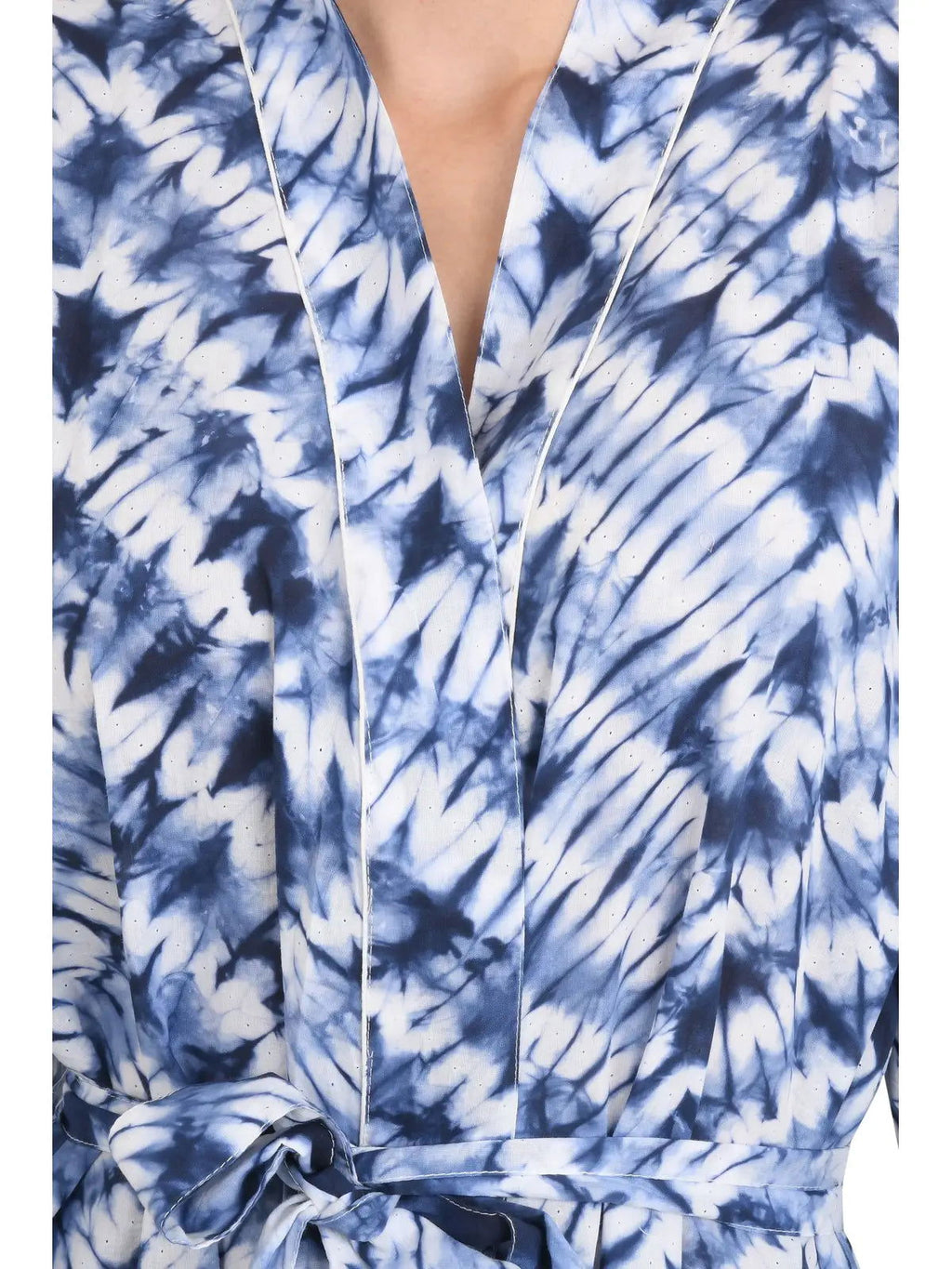 block-printed Cotton Kimono Robe in white blue tie-dye