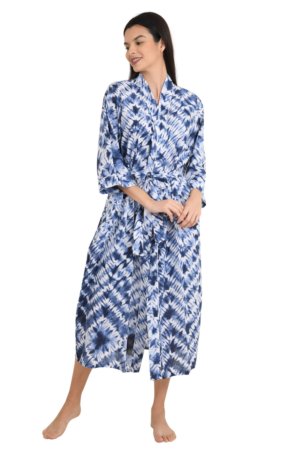 block-printed Cotton Kimono Robe in white blue tie-dye