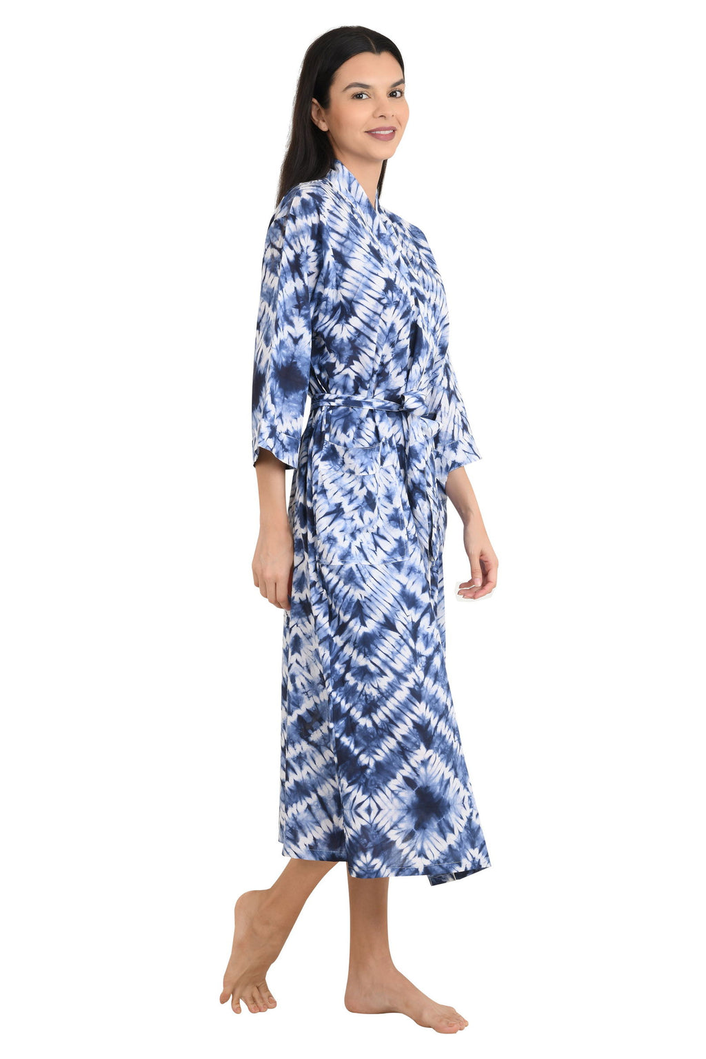block-printed Cotton Kimono Robe in white blue tie-dye