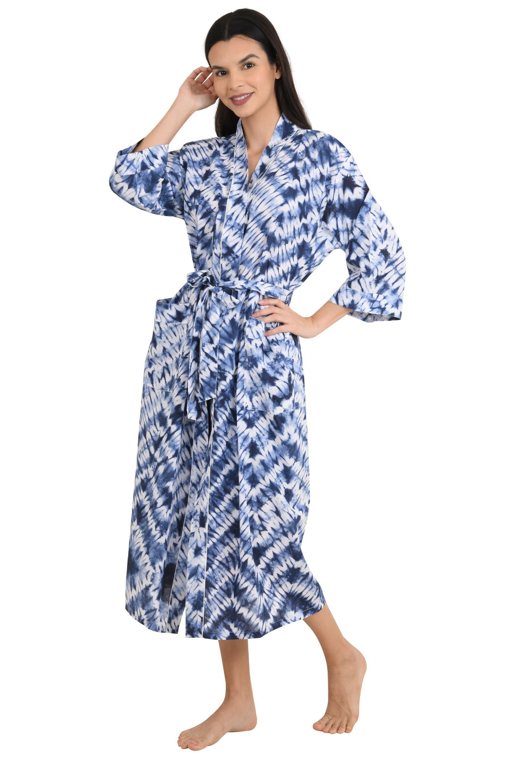 block-printed Cotton Kimono Robe in white blue tie-dye