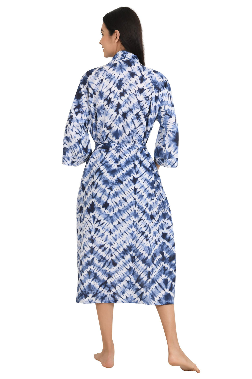 block-printed Cotton Kimono Robe in white blue tie-dye