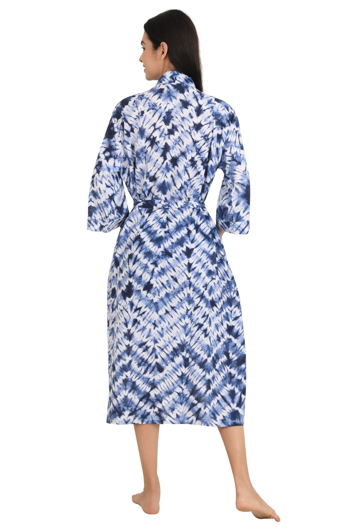 block-printed Cotton Kimono Robe in white blue tie-dye