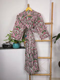 Women's block-printed Cotton Kimono Robe in white pink floral