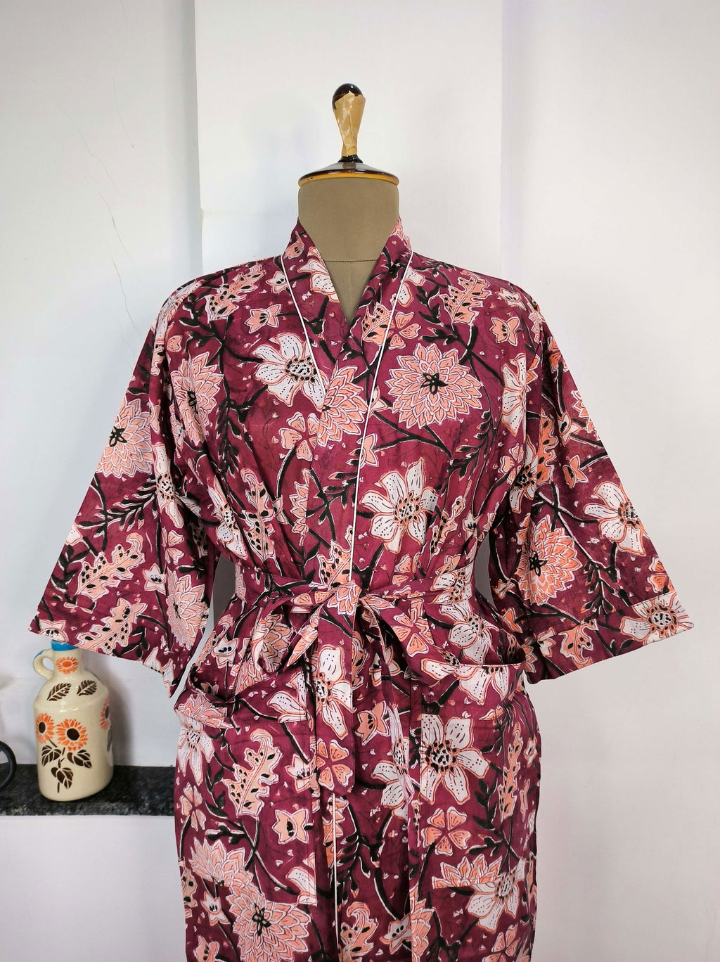 block-printed Cotton Kimono Robe in wine white floral