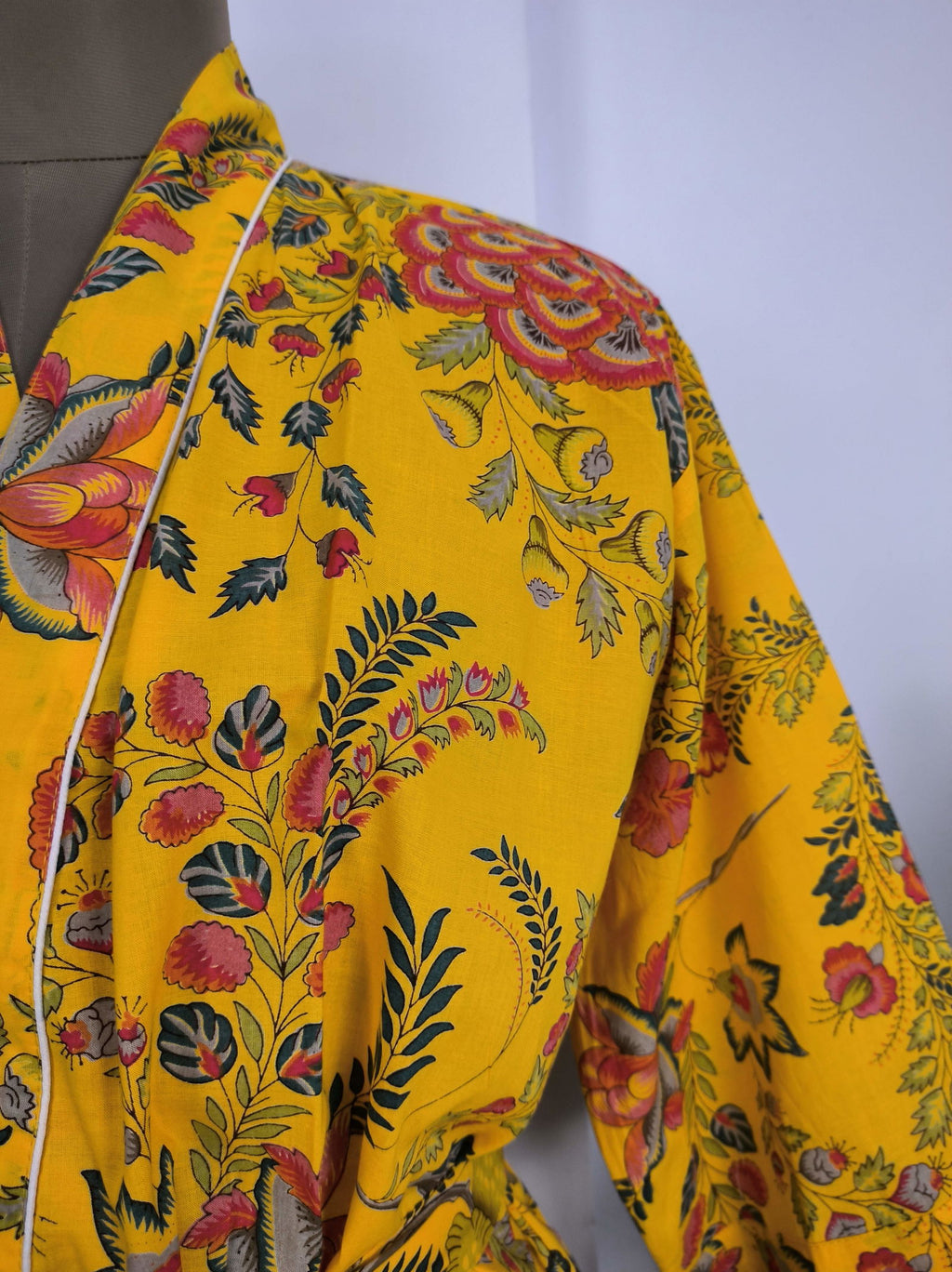 block-printed Cotton Kimono Robe in yellow green red floral