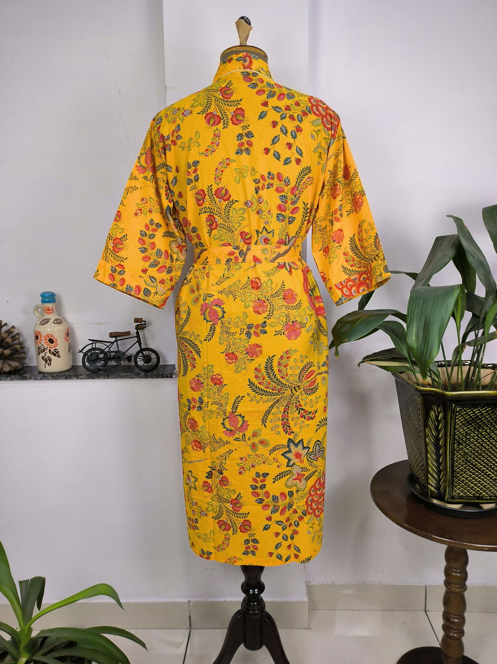 block-printed Cotton Kimono Robe in yellow green red floral