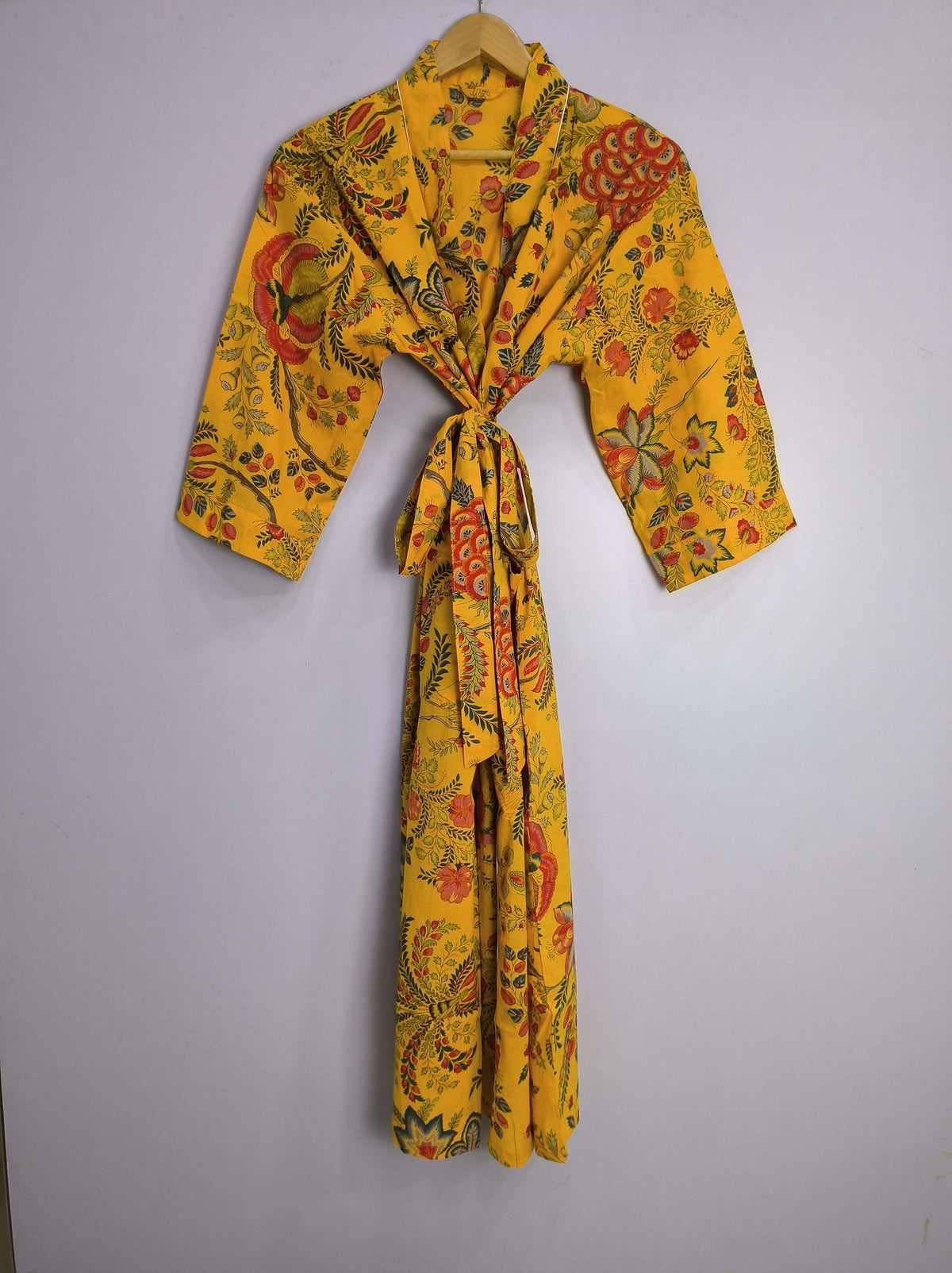 block-printed Cotton Kimono Robe in yellow green red floral