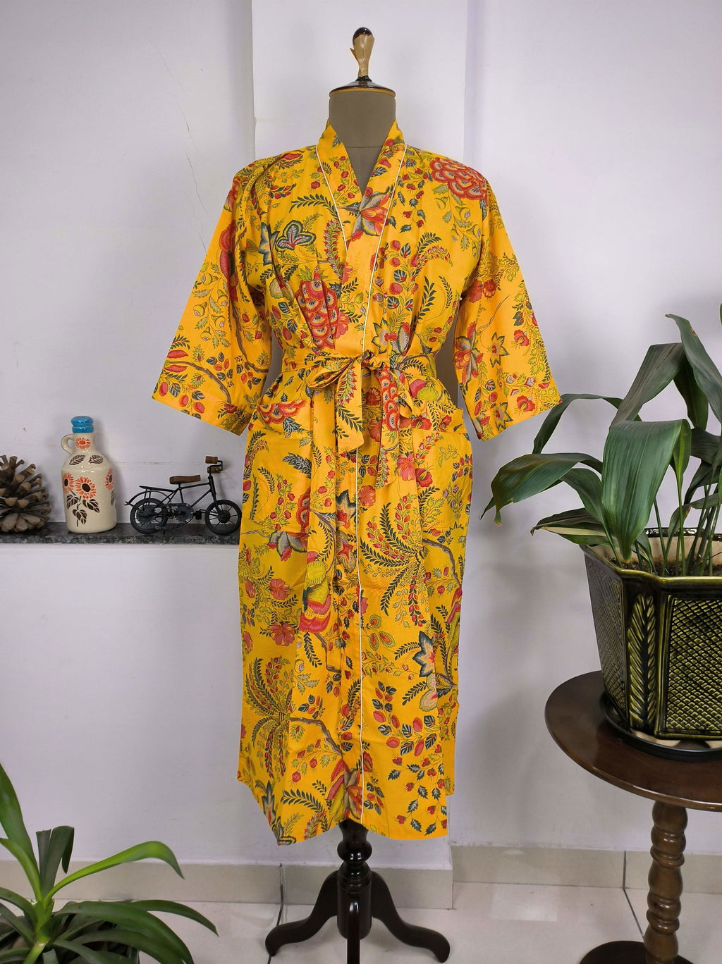 block-printed Cotton Kimono Robe in yellow green red floral