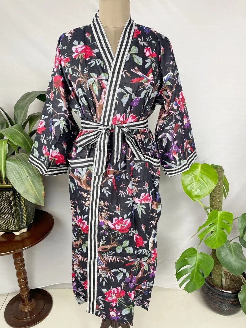 Women's block-printed Cotton Kimono Robe in black striped