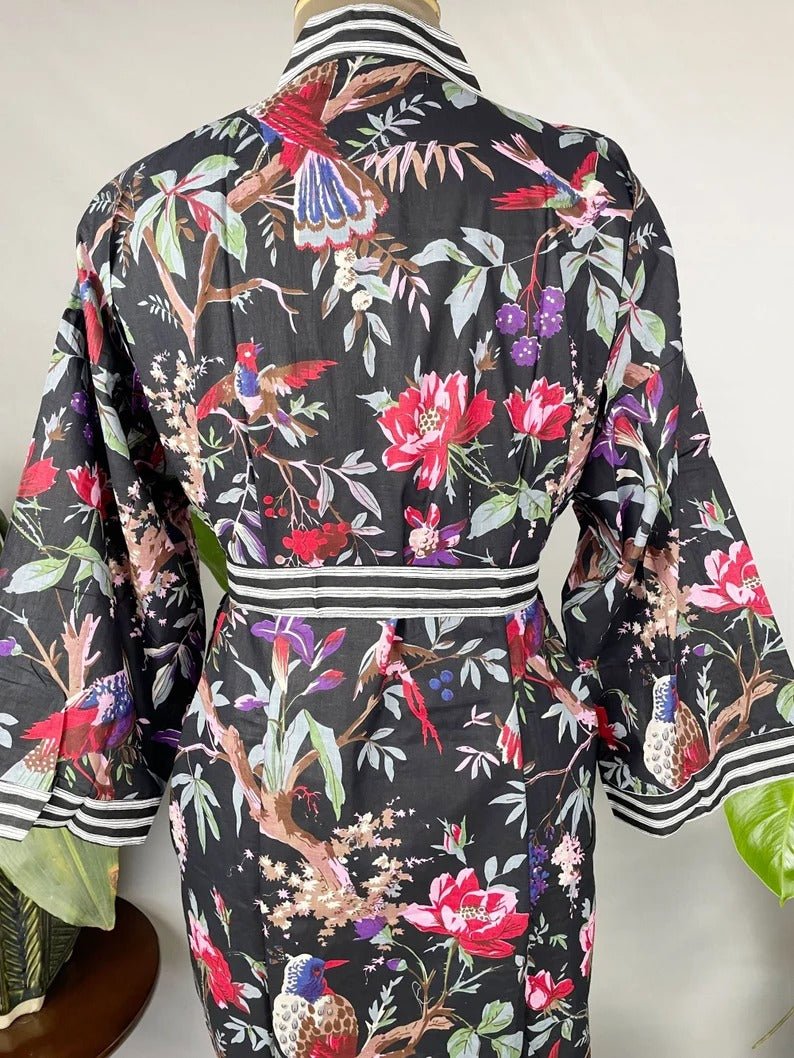 Women's block-printed Cotton Kimono Robe in black striped