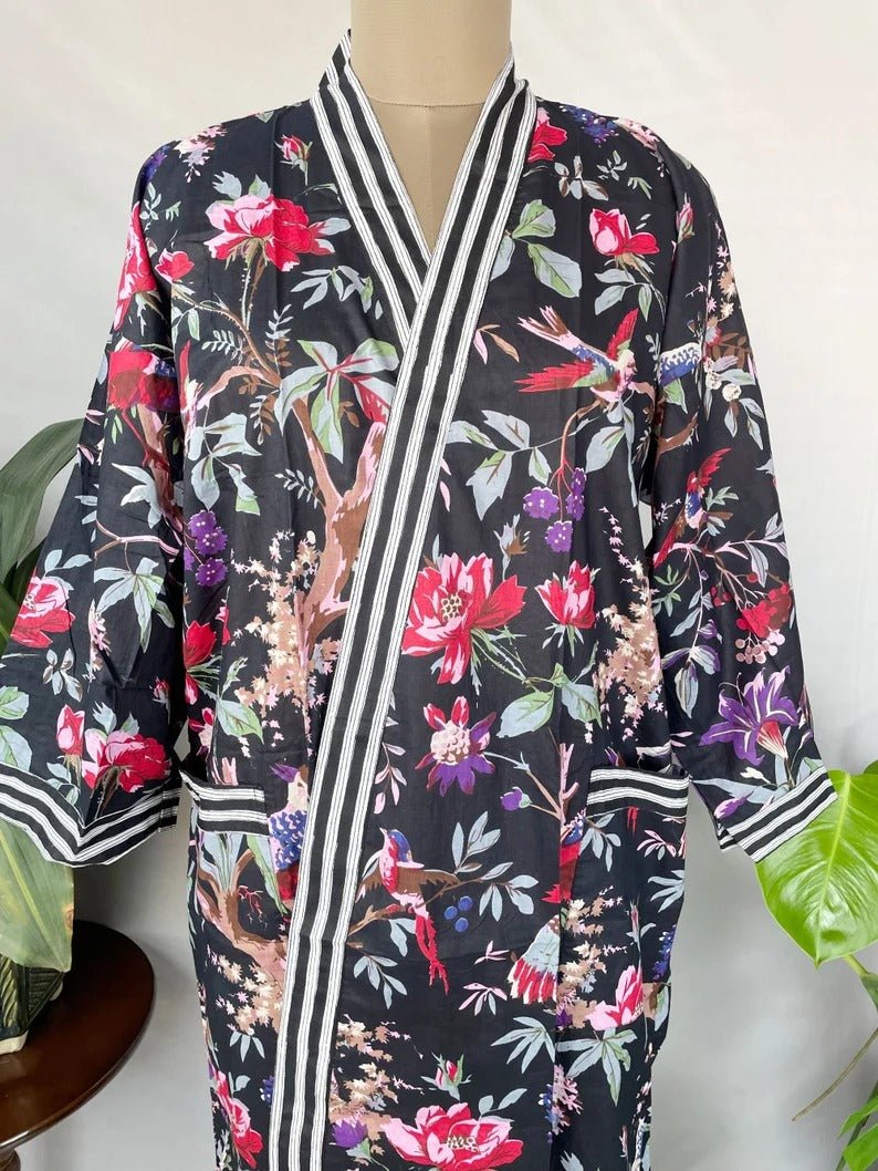 Women's block-printed Cotton Kimono Robe in black striped