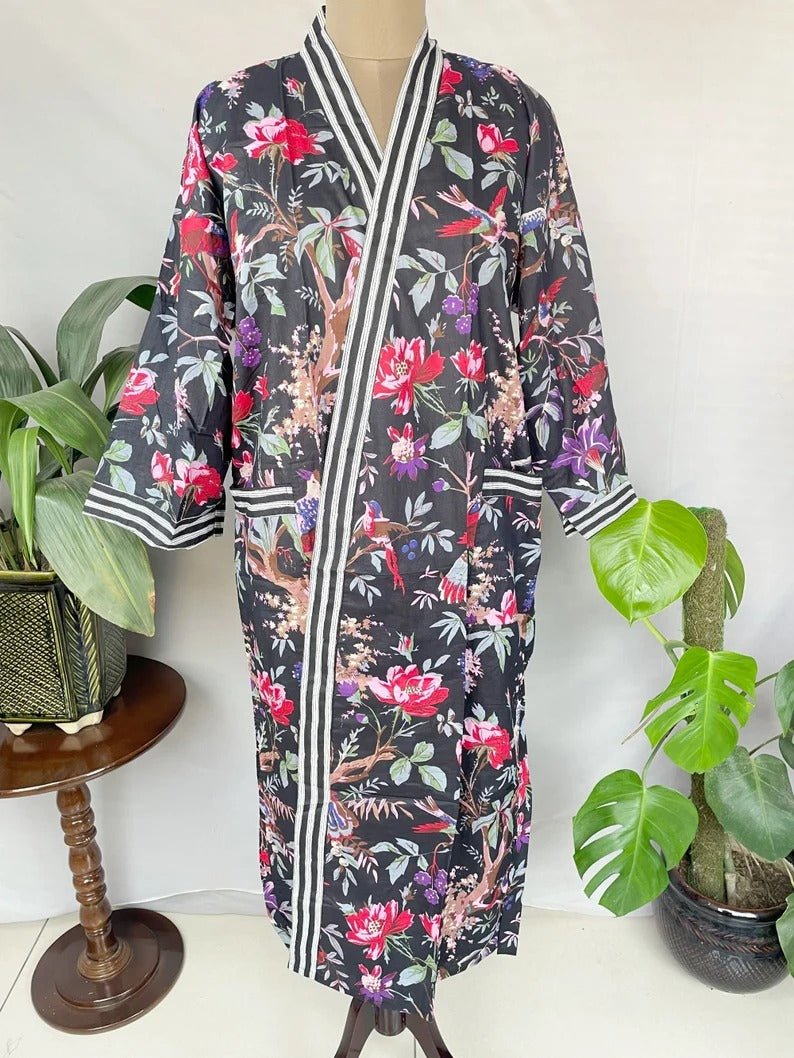 Women's block-printed Cotton Kimono Robe in black striped
