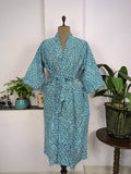 Women's block-printed Cotton Kimono Robe in blue white